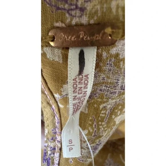 Free People Boho Floral Puff Sleeve Open Back Crop Top Mustard Purple Sz S - Picture 10 of 12